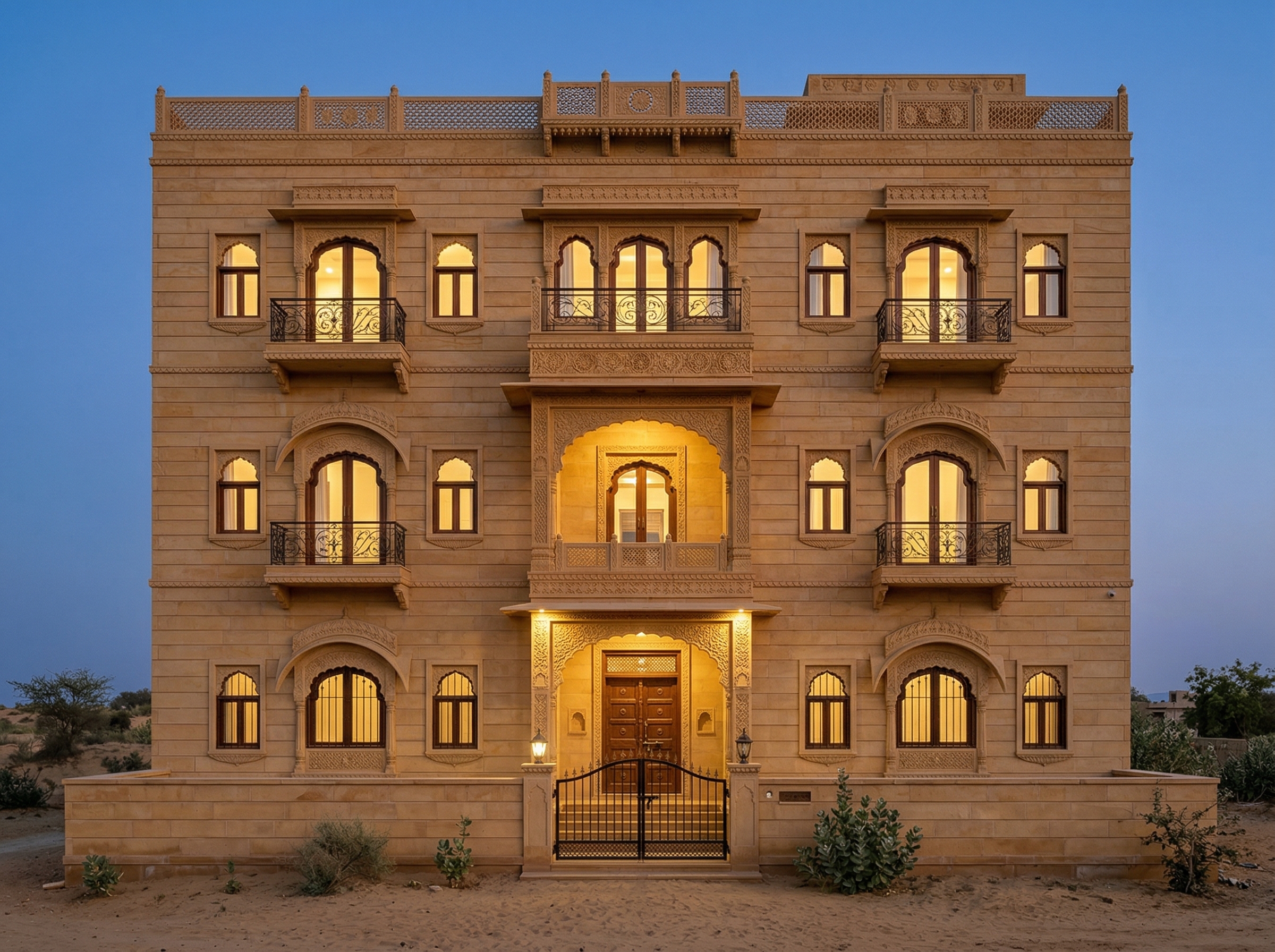 Rajasthani traditional elevation by an Ongrid Design homeowner